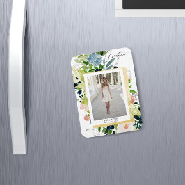 ミッドナイトブルー赤面フローラ写真卒業カード マグネット