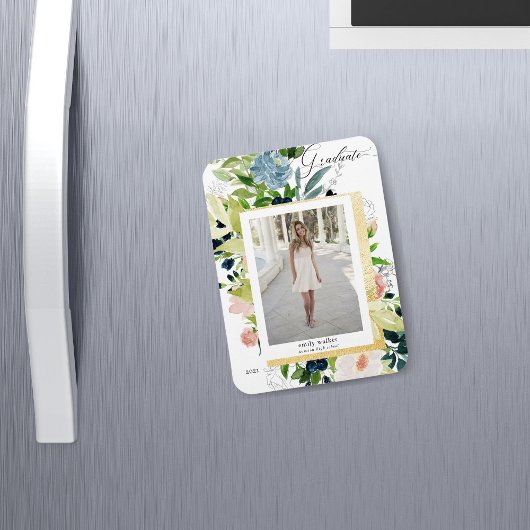 ミッドナイトブルー赤面フローラ写真卒業カード マグネット