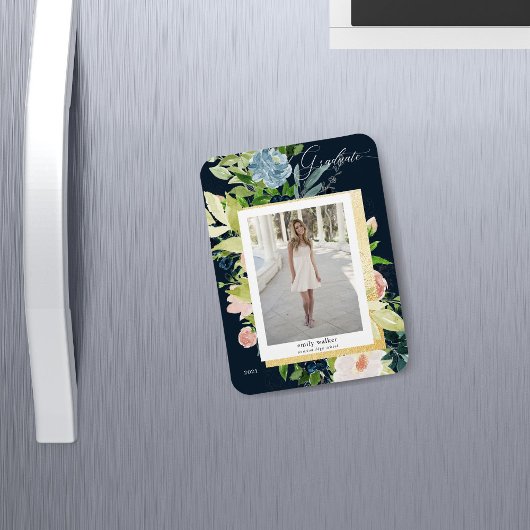 ミッドナイトブルー赤面フローラ写真卒業カードM マグネット