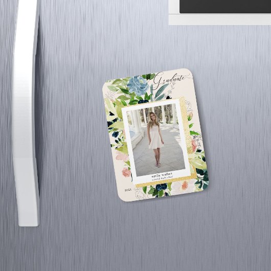 ミッドナイトブルー赤面フローラ写真卒業カードM マグネット