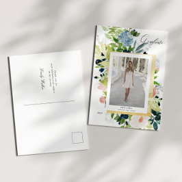 ミッドナイトブルー赤面フローラ写真卒業 案内ポストカード