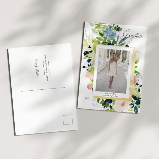 ミッドナイトブルー赤面フローラ写真卒業 案内ポストカード