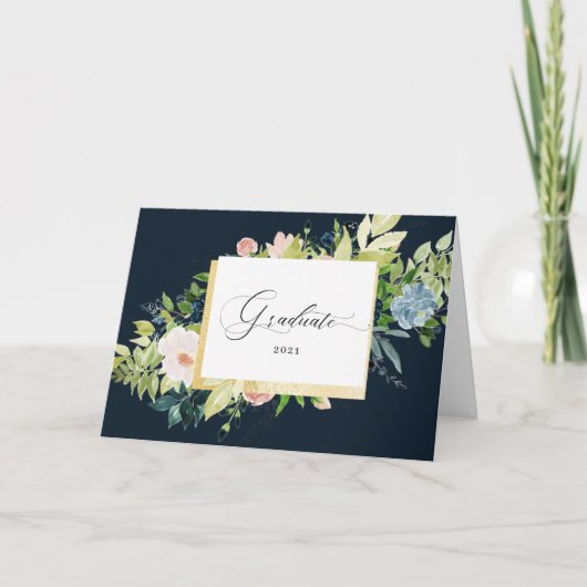 ミッドナイトブルー赤面フローラ写真折り畳み卒業 カード (正面)