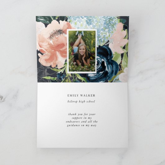 ミッドナイトブルー赤面フローラ写真折り畳み卒業 カード (内部)