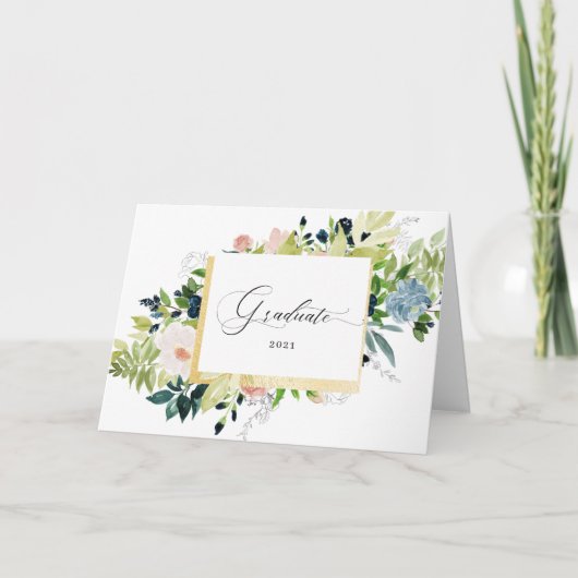 ミッドナイトブルー赤面フローラ写真折り畳み卒業 カード (正面)