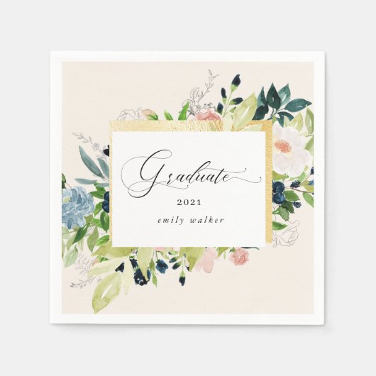 ミッドナイトブルー赤面フローラ卒業カードナプキンス スタンダードカクテルナプキン (正面)