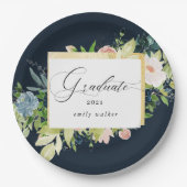 ミッドナイトブルー赤面フローラ卒業紙プレート ペーパープレート (正面)