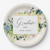 ミッドナイトブルー赤面フローラ卒業紙プレート ペーパープレート (正面)