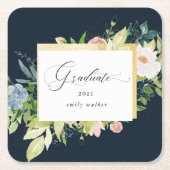 ミッドナイトブルー赤面フローラ卒業 スクエアペーパーコースター (正面)