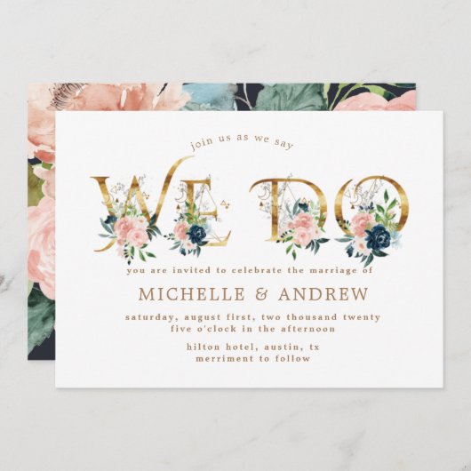 ミッドナイトブルー赤面フローラ結婚は 招待状 (正面/裏面)