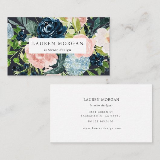 ミッドナイトブルー赤面フローラ エレガント 名刺 (正面/裏面)