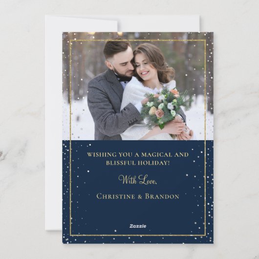 ミッドナイトブルー金ゴールドクリスマススノーフォール2写真 シーズンカード (裏面)