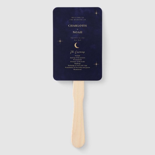 ミッドナイトブルー金ゴールドムーンスターズ結婚式 プログラム ハンドファン (正面)