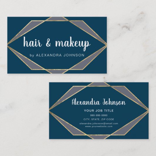ミッドナイトブルー金ゴールド幾何学的ヘアメイクアップ 名刺 (正面/裏面)