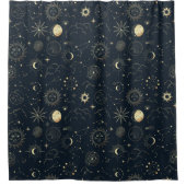 ミッドナイトブルー金ゴールド星星座パターン シャワーカーテン (正面)