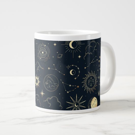 ミッドナイトブルー金ゴールド星星座パターン ジャンボコーヒーマグカップ (正面右)