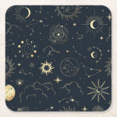 ミッドナイトブルー金ゴールド星星座パターン スクエアペーパーコースター (正面)