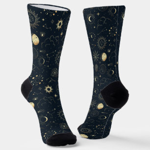 ミッドナイトブルー金ゴールド星星座パターン ソックス