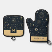 ミッドナイトブルー金ゴールド星星座パターン 鍋つかみ&鍋敷きセット (正面)