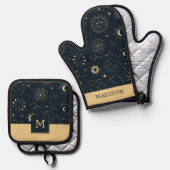 ミッドナイトブルー金ゴールド星星座パターン 鍋つかみ&鍋敷きセット (正面/裏面)