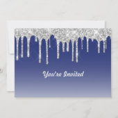 ミッドナイトブルー シルバーグリッター ドリップ グラフィック バースデー 招待状 (正面)