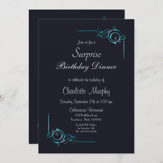 ミッドナイトブルー&ターコイズサプライズ誕生日ディナー 招待状 (正面/裏面)