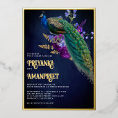 ミッドナイトブルー+パープルの花柄インドクジャクの結婚式 箔招待状 (正面)