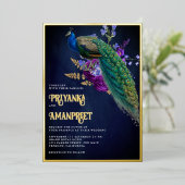 ミッドナイトブルー+パープルの花柄インドクジャクの結婚式 箔招待状 (立ち正面)
