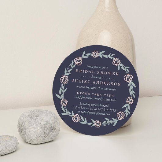 ミッドナイトブルー、ブラッシュピンク、セイジのブライダルシャワー 招待状