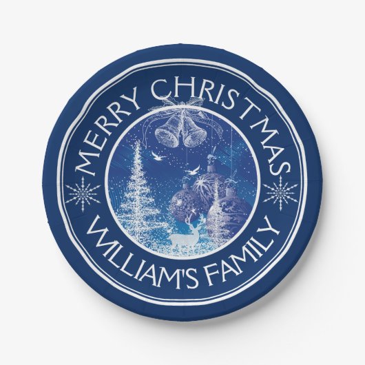 ミッドナイトブルー&ホワイトエンチャントクリスマス ペーパープレート (正面)