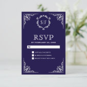 ミッドナイトブルー+装飾モノグラムRSVP 出欠カード (スタンド正面)