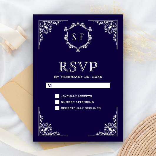 ミッドナイトブルー+装飾モノグラムRSVP 出欠カード