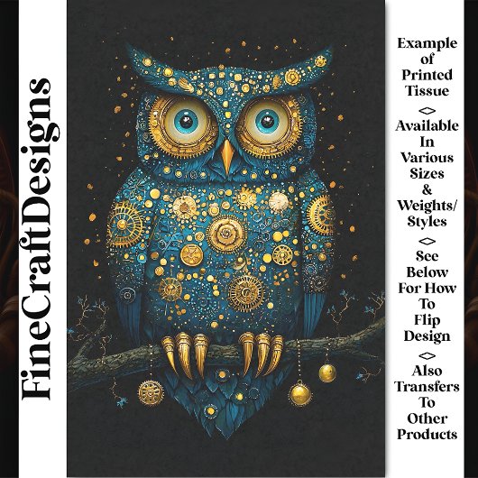 ミッドナイトブルー&金ゴールドスチームパンクフクロウBY6デコページ 薄葉紙