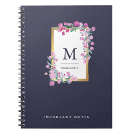 ミッドナイトブルー、金ゴールド、ピンクの水色の花 ノートブック