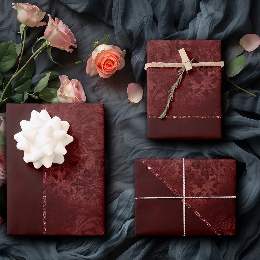 ミッドナイトヘンナロマンス | Red Satiny グランジ Damask ラッピングペーパーシート