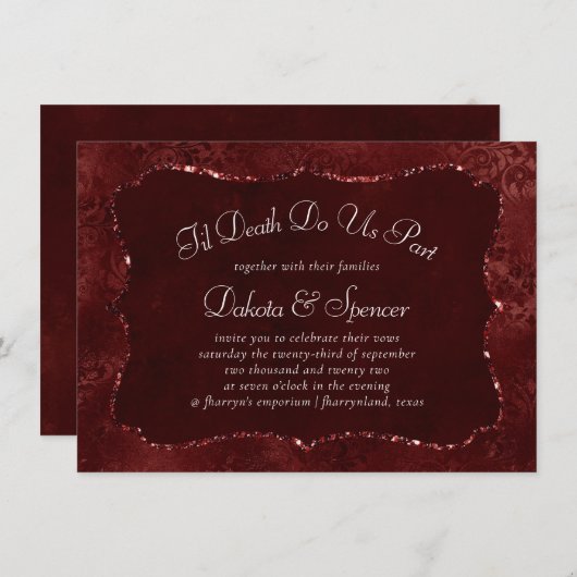 ミッドナイトヘンナロマンス | Red Satiny グランジ Damask 招待状 (正面/裏面)