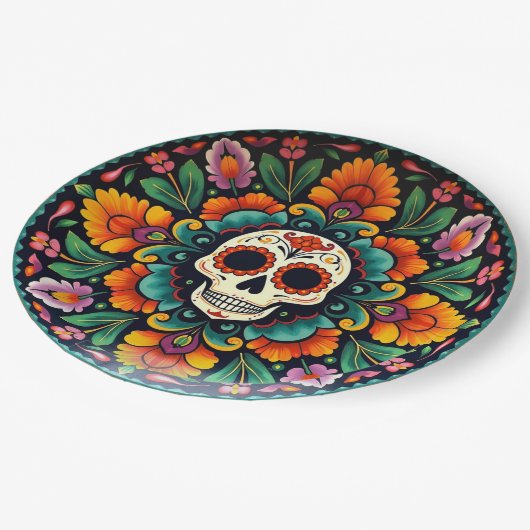 💀🎉ミッドナイトマリゴルドウェアディーアデロスムエルトス ペーパープレート (アングル)