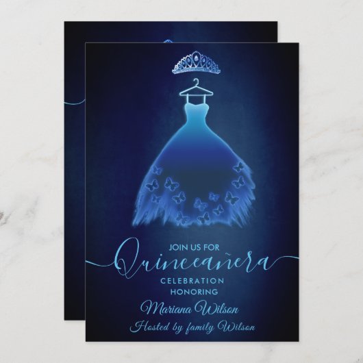 ミッドナイトモダンブルーバタフライドレスティアラ・クインセ 招待状 (正面/裏面)