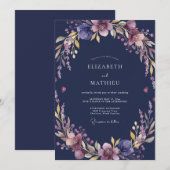 ミッドナイトモーブの野生の花の結婚式 招待状 (正面/裏面)