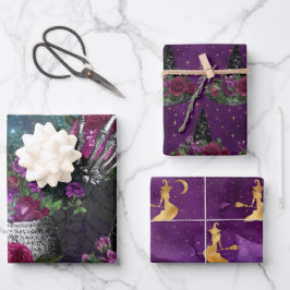 ミッドナイトロマンチックなゴシック様式の魔女とバラ ラッピングペーパーシート