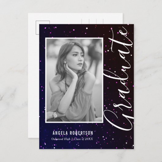 ミッドナイト宇宙グリッター写真卒業 インビテーションポストカード (正面/裏面)