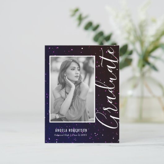 ミッドナイト宇宙グリッター写真卒業 インビテーションポストカード (スタンド正面)