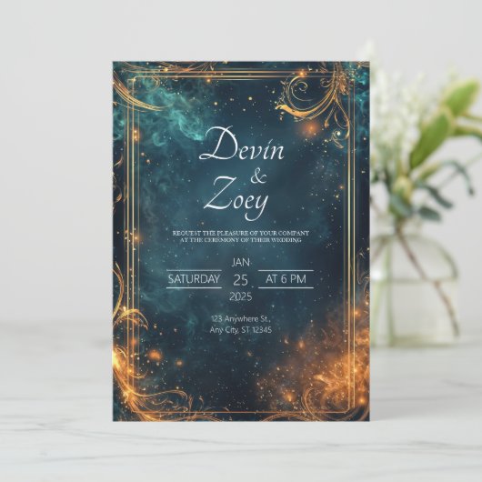 ミッドナイト金ゴールドシナ結婚ルエレガンス 招待状 (スタンド正面)