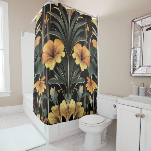 ミッドナイト金ゴールド開花アールデコ シャワーカーテン (インサイチュ)