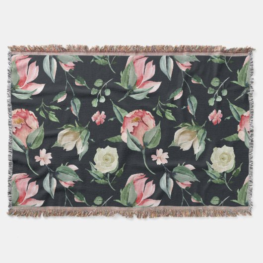 ミッドナイト開花エレガントフローラネイビーブルー スローブランケット (正面)