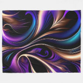 ミッドナイト開花-深いパープル、ティール（緑がかった色）、金ゴールド抽象芸術 フリースブランケット (正面(横))