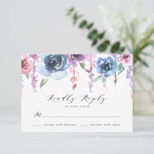 ミッドナイト開花 |紫と青のフローラ結婚の 出欠カード (スタンド正面)