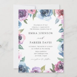 ミッドナイト開花 |紫と青のフローラ結婚の 招待状
