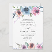 ミッドナイト開花 |紫と青のフローラ結婚の 招待状 (正面)