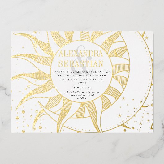 ミッドナイト スターズ ムーン サン セレスチアル ウェディング シルバー 箔招待状 (正面)